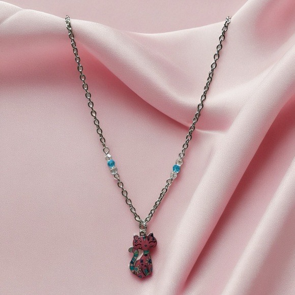 Hand Crafted  Girls Pink Cat Necklace with Blue Accent Beads - Picture 5 of 5